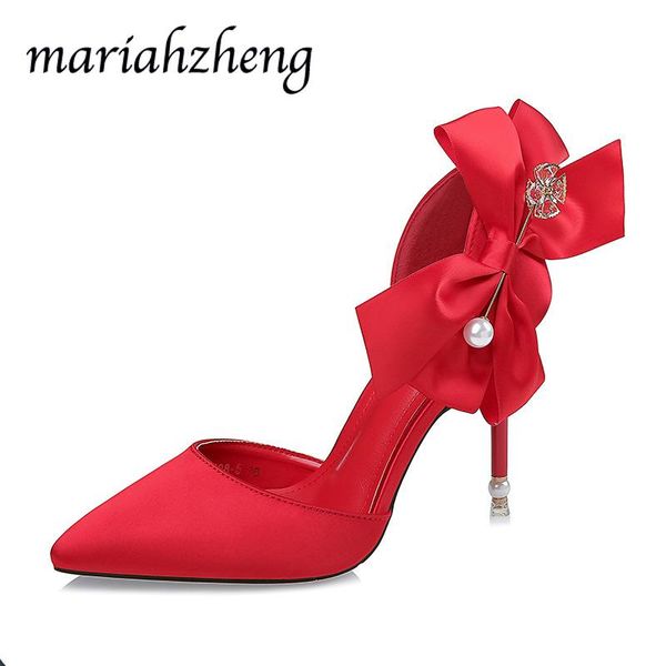 

dress shoes leopard land 2021 fashion pointed toe satin high heels bow pearl women sandals stiletto shallow mouth wedding lsj, Black