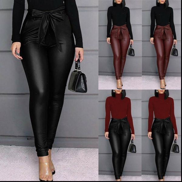 

pu leather pants stretchy women leggings skinny pencil trousers high waisted, Black