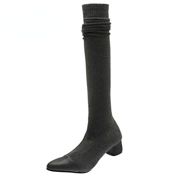 

boots slim leg thigh high sock women brand pointed toe silver stretch flat heels knitted shoes, Black