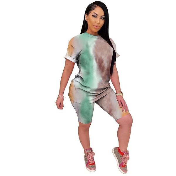 

fashion tie dye two piece set sport tracksuit crop + shorts pants summer clothes jogging 2pics outfits for women plus size women's trac, Gray