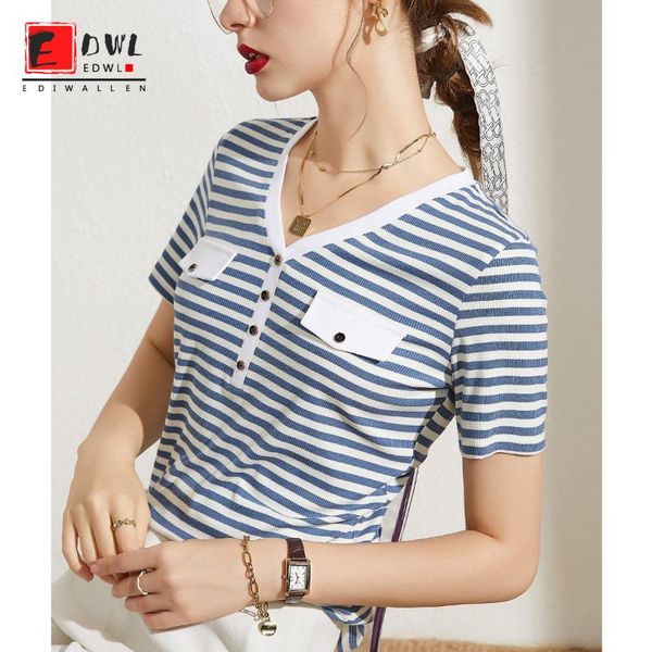 

women's t-shirt ediwallen short sleeve summer 2021 basic v-neck stripe knitted western style, White