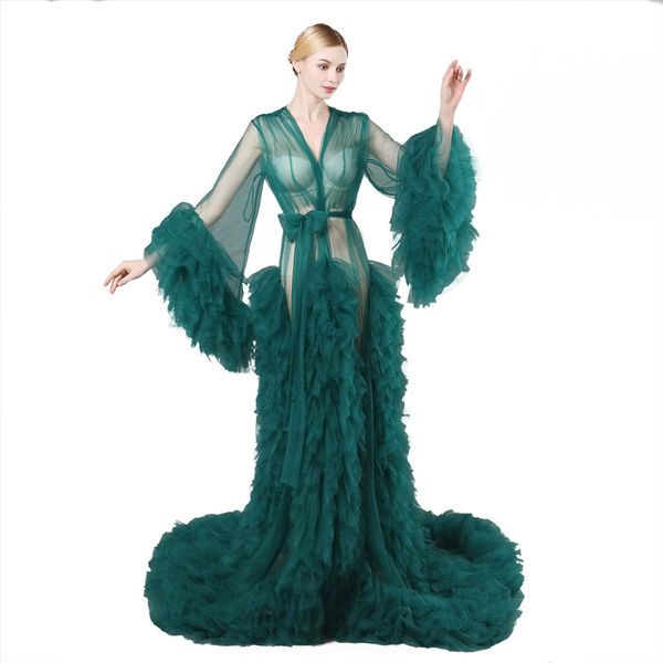 Smaragdgrüne Abendkleider 2021, lange Ärmel, Rüschen, Tüll, Spitze, für schwangere Frauen, Umhang, formelle Abendkleider, Mode