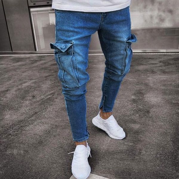 

men's jeans denim hole sports pants mens casual bodybuilding pocket solid minimalist style full length summer trousers, Blue