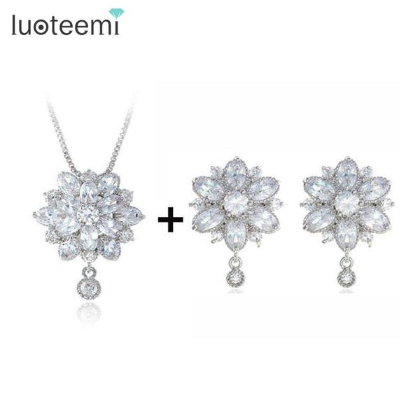

earrings & necklace luoteemi luxury fashion clear cz crystal wedding party flower pendant earring set for women princess jewelry girls, Silver