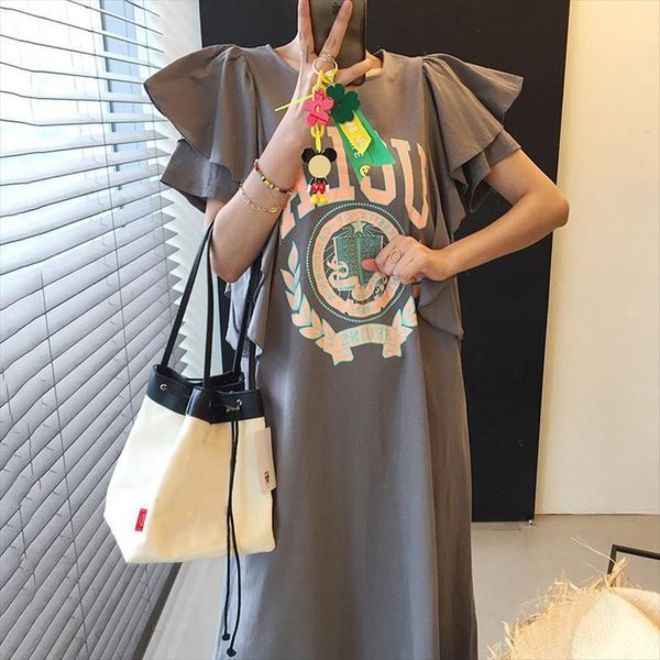 

[ewq] korea chic summer trend women dress o neck ruffle stitching loose fashion cartoon letter print flying sleeves 16w1712, Black;gray