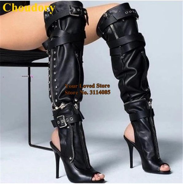 

boots choudory punk style black over-the-knee buckle strap open toe thin high heel studded dress nighclub shoes size47
