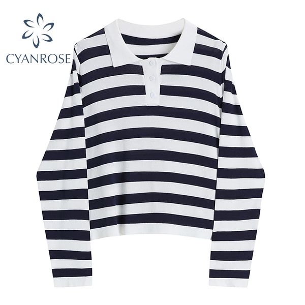 

striped polo collar t shirt women long sleeve korean ins vintage streetwear ol tees female spring loose casual 210417, White