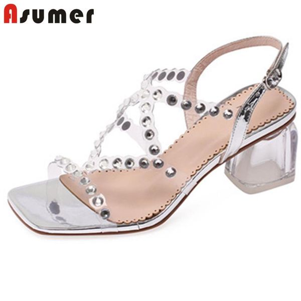

dress shoes asumer 2021 arrive women sandals quality pvc crystal casual party buckle brand square high heel summer woman, Black