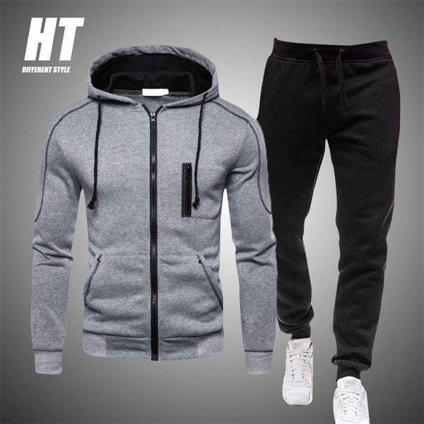 

2 pieces sets tracksuit men autumn zipper hoodie sweatshirt+pants solid sporting fitness hooded outerwear jacket joggers suit 211109, Gray