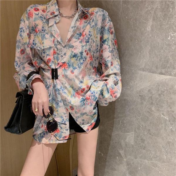 

women's blouses & shirts 2021 summer design sense printing long-sleeved waist slimming sunscreen shirt lapel flower blouse female, White