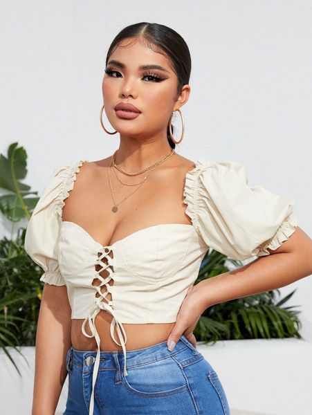 

sxy puff sleeve lace up crop j1ta#, White