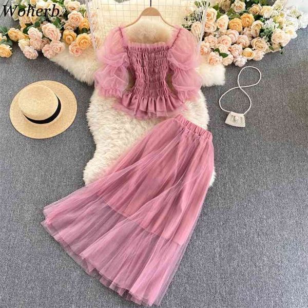 

korean fashion summer clothes women sweet mesh two piece sets crop + pleated long skirts outfit ladies suits 210519, White