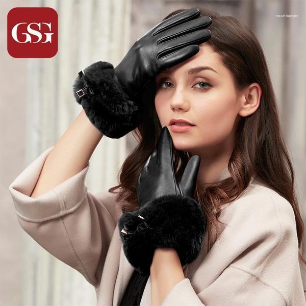 Guanti in vera pelle foderati in maglia calda invernale per donna Fashion Fur Ladies Touchscreen Driving Party Black1