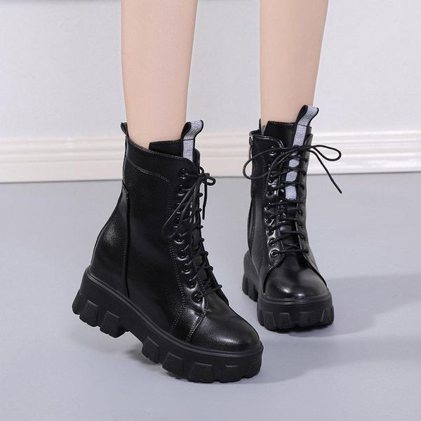 

boots height increasing shoes woman zip lace up platform ankle mujer drop women winter chunky pu leather, Black