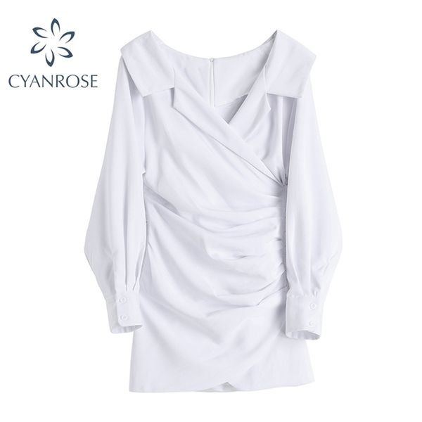 V-образным вырезом элегантное белое мини платье женщин с длинным рукавом сексуальные драпированные платья женские высокая талия тонкий стрит одежды ROK Vestidos 210515