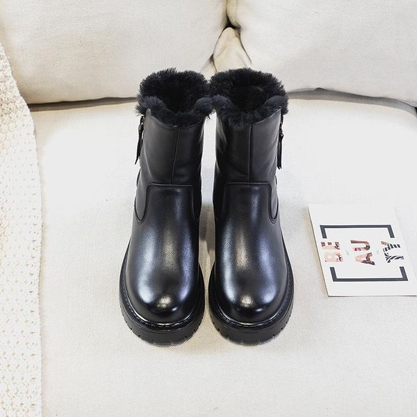 

boots 2021 leather women's british style plush thick soled short with increased inner height, Black