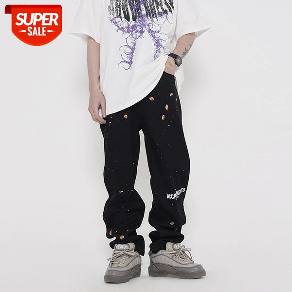

harajuku painted letter streetwear retro mens jeans straight spring loose casual denim trousers oversize hip hop baggy pants #kq8m, Blue