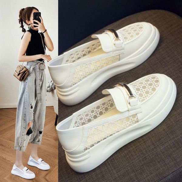 

sandals leather small white shoes for women summer 2021 versatile thick soles mesh surface breathable single, Black