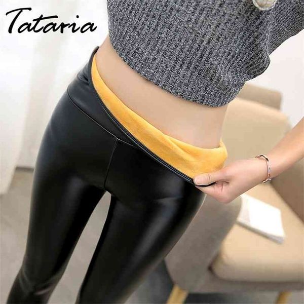 

women winter pu leather pants high waist skinny fleece leggings elastic trousers stretch plus size jeggings 210925, Black
