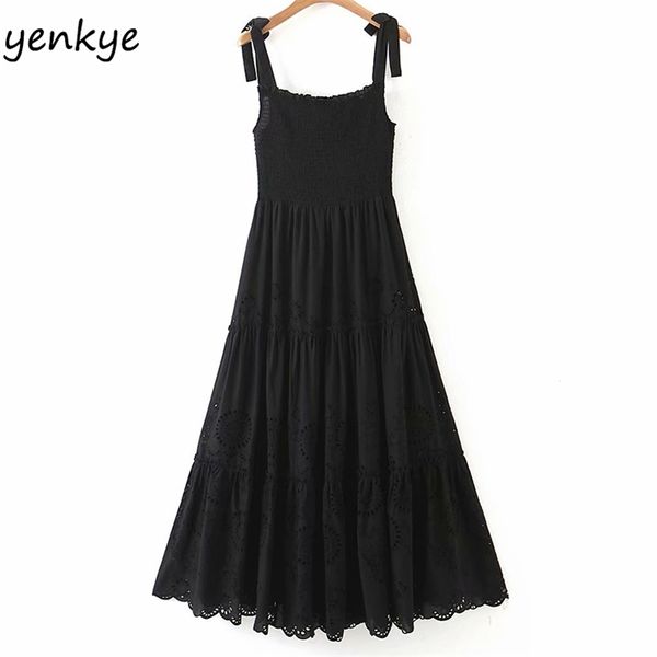 

hollow out vintage black party dress women sleeveless square neck a-line sling summer elegant long 210514, Black;gray