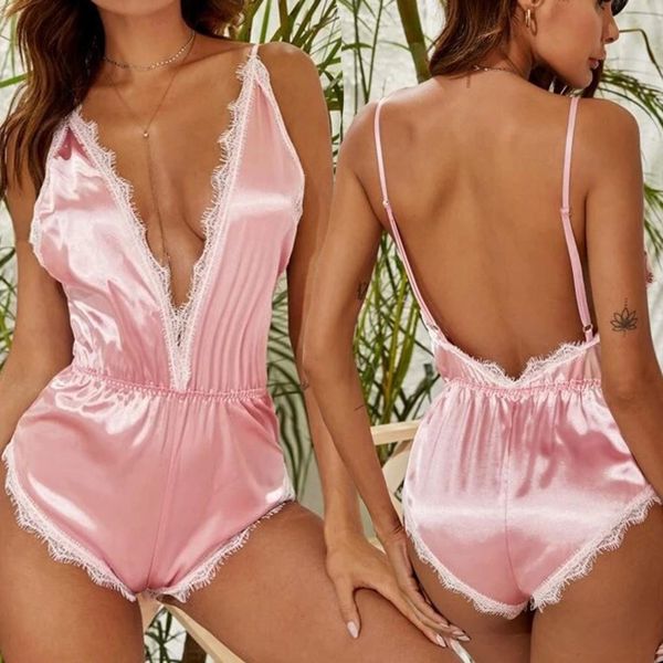 

Pijamas Women Sleepwear Sexy Lingerie Satin Lace Eyelash Lace Trim Pajamas Jumpsuit Silk Pijama Mujer, Black;red