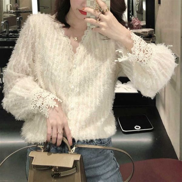 

women's two piece pants pants v-neck lace blouse and women spring sweet long sleeve design shirts button korean style office elegant f, White