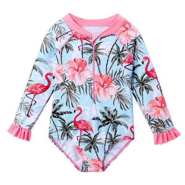 

girls kids swimsuit long sleeves swimwear one piece flower zipper beach wear children one-piece suits