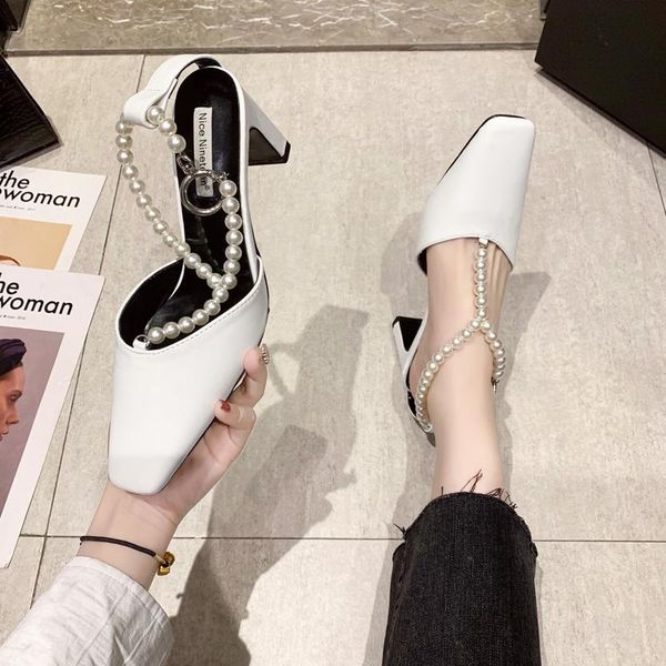 

square toe high heel sandal for women female shoe all-match 2021 summer high-heeled girls beige fashion pearl block closed sandals, Black