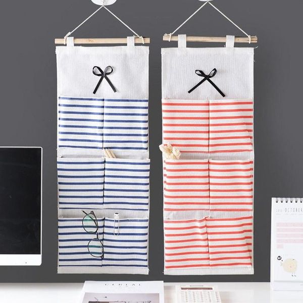 

storage bags 6 pocket cotton linen fabric wall door hanging bag organizer bowknot multifunctional pouch home organization spacesaving
