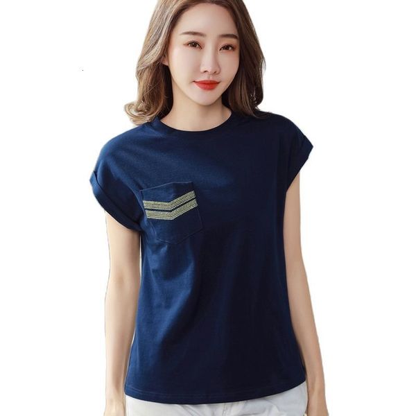 

women's t-shirt summer clothes for women tshirt fashion harajuku tee shirt femme diamonds t shirts womens casual pocket cotton top, White