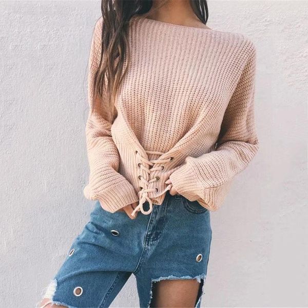 

women's sweaters black lace up knitted pullover sweater women elastic long sleeve jumper casual autumn winter knitting pullovers, White;black