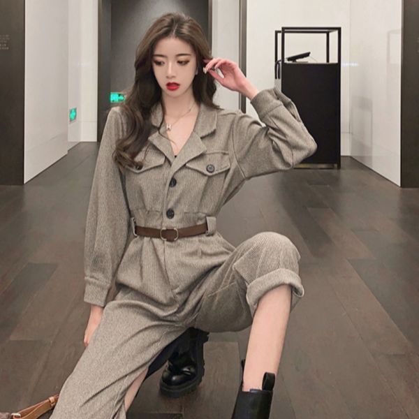 

women's jumpsuits & rompers of korean women autumn and winter fashion lapel suit tightly strapped women's khaki overalls 8i3u, Black;white