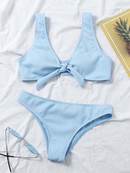 

textured knot front bikini swimsuit 78kb#, White;black