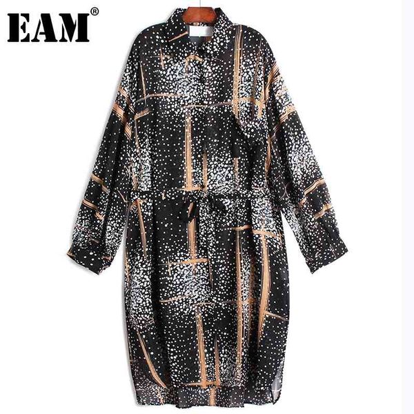 

[eam] women dots printed sashes chiffon mid-length blouse lapel long sleeve loose shirt fashion spring summer 1dd8247 21512, White