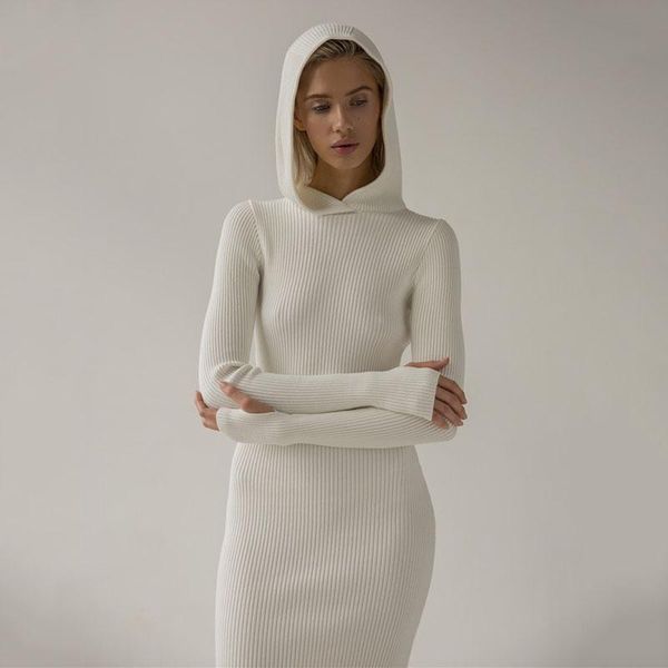 

casual dresses simple hoodie dress ladies long sleeve knitted 2021 winter chic women's solid color sheath party club knitwear, Black;gray