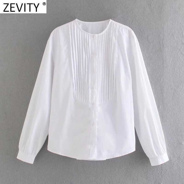 

zevity women fashion o neck press pleated casual white shirt female long sleeve breasted blouse roupas chic chemise ls9075 210603