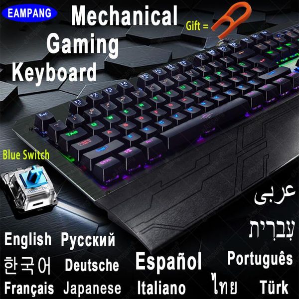 

mechanical gamer keyboard 104 keys blue switch english russian spanish korean arabic hebrew french backlit gaming keyboards