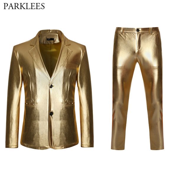 Parlak Altın Metalik Glitter Suit Erkekler Gece Kulübü Slim Fit Tek Göğüslü Erkek Takım Elbise Ile Pantolon DJ Sahne Şarkıcı Kostüm Homme XXL 210524