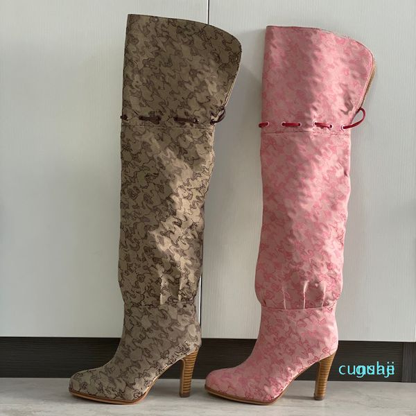 

designer shoes high heel beige women's knee-high boots pink printed canvas over the knee boot zipper laces casual shoe, Black
