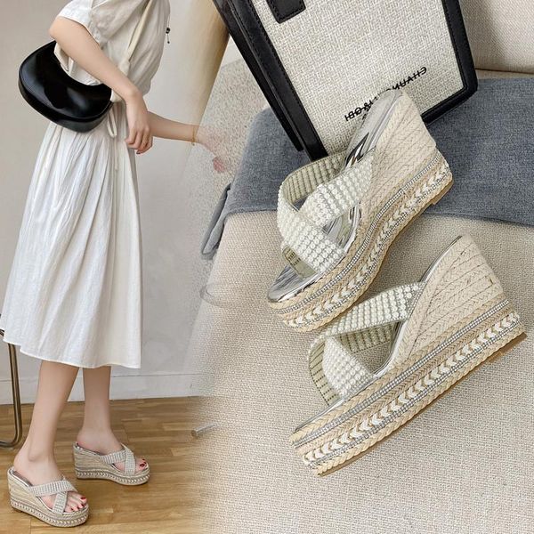 

slippers on a wedge string bead female shoes women summer cross-tied platform heeled mules glitter slides 2021 high jelly rome s, Black