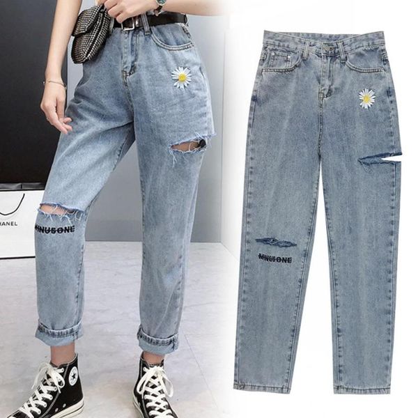

women's jeans summer little daisy embroidered high waisted girl straight tube loose thin cropped pants streetwear, Blue