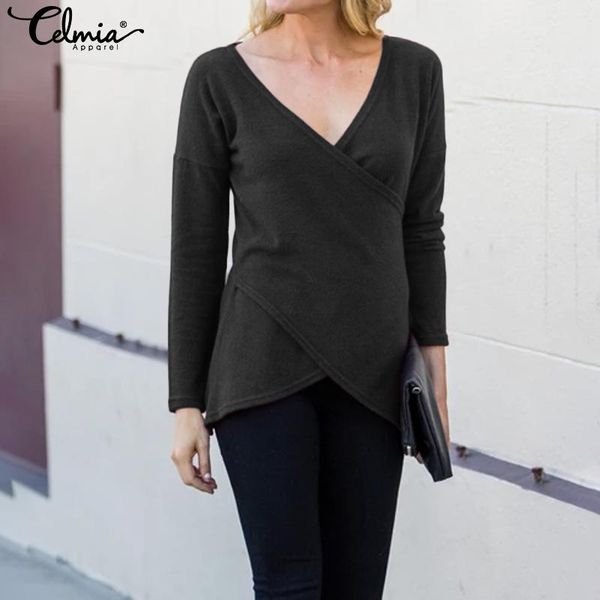 

women's t-shirt celmia women v-neck long sleeve 2021 spring basic t shirt female casual solid t-shirts asymmetrical tees shirts s-, White