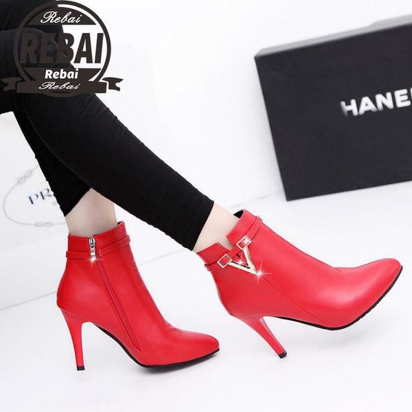 

women boots ankle pu leather zipper booties high heels autumn shoes black winter zapatos de mujer pointed toe