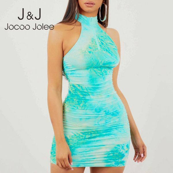 

tie dye print off shoulder mini dresses for women pleated halter neck bodycon dress sleeveless slim female sundress 210518, Black;gray