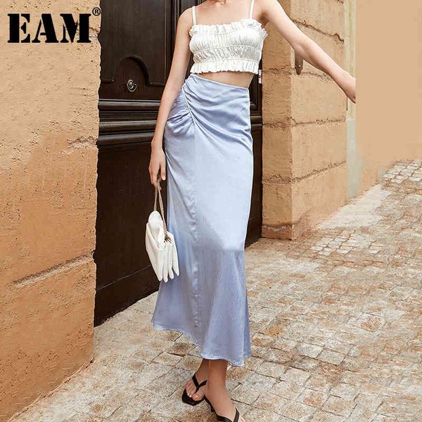 

[eam] high waist blue pleated long temperament trumpet half-body skirt women fashion spring summer 1dd8778 210512, Black