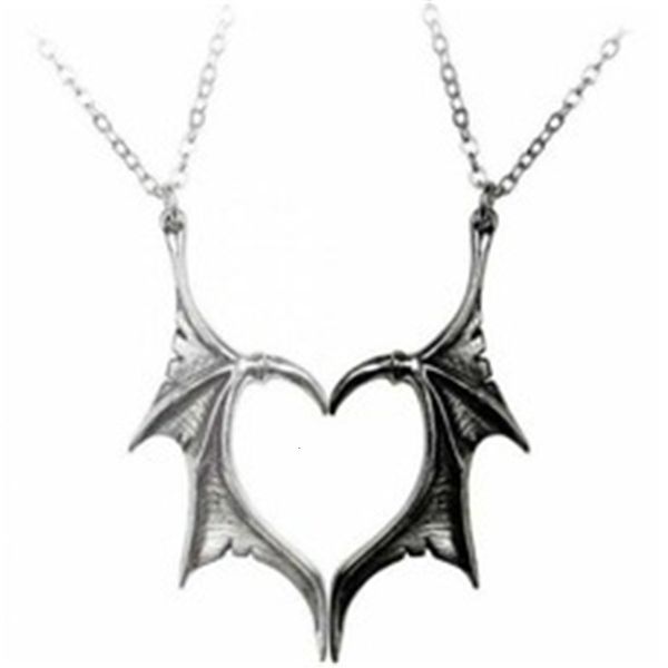 

punk personality heart angel demon wing pendant necklace for women men lovers couples vinatge statement link rope chain jewelry, Silver