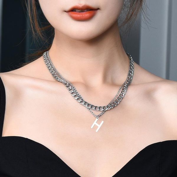 

chains hgw letter pendant clavicle chain cuban titanium steel necklace men and women same fashion double-layer accessories, Silver