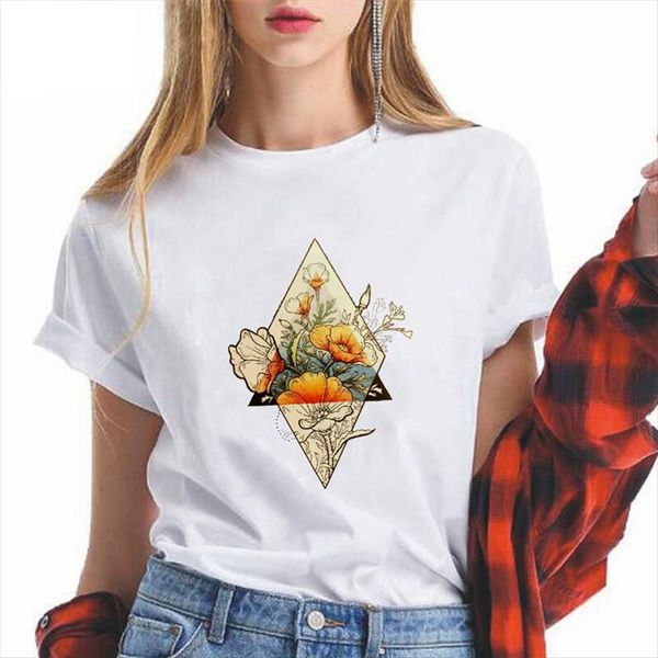 

harajuku ullzang geometric flower women t shirt funny cartoon graphic 90s fashion tees female, White