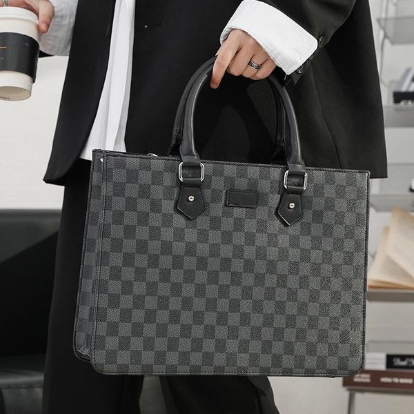 

business fashion men briefcases classic plaid leather zipper handbag office work trip lapdocuments shoulder satchels bag