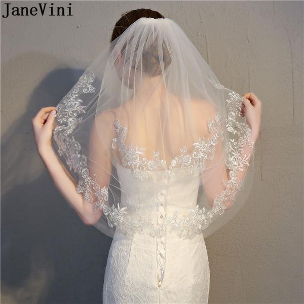 

bridal veils janevini elegant ivory short veil for bride two layer lace appliques edge elbow length with comb wedding accessories, Black